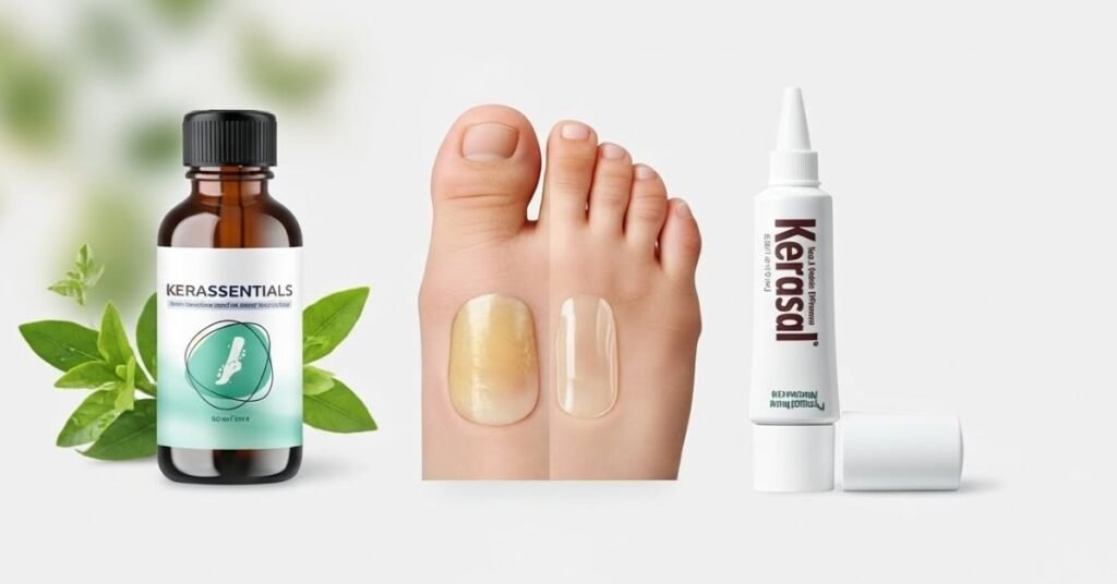 Kerassentials vs Kerasal comparison showing natural nail oil and medical nail repair treatment for toenail fungus and damaged nails.