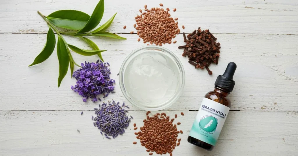 Flat lay of Kerassentials ingredients including tea tree oil, lavender, clove buds, linseed, aloe vera, flaxseeds, and essential oil dropper, natural nail care for healthy nails