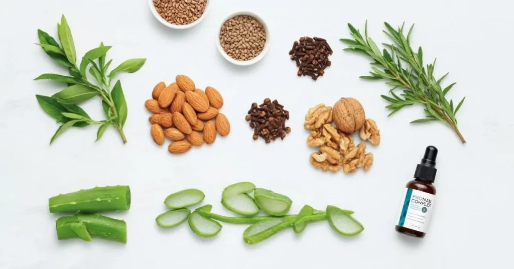Flat lay of ProNail Complex natural ingredients: tea tree, almond, flaxseed, aloe vera, jojoba, walnut, clove buds, essential oil dropper, US skincare aesthetic.