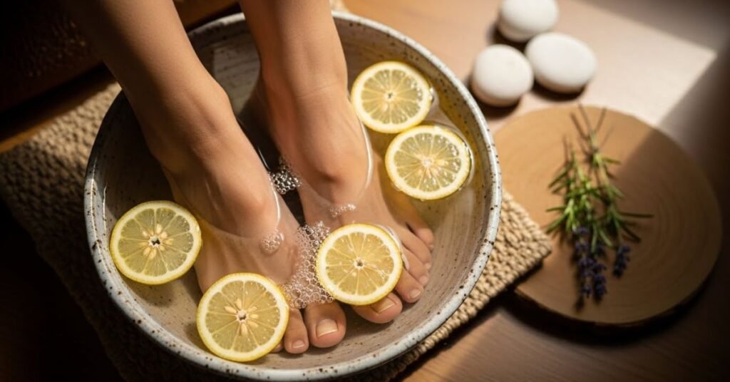 feet soaking in apple cider vinegar and warm water as a home remedy for toenail fungus.