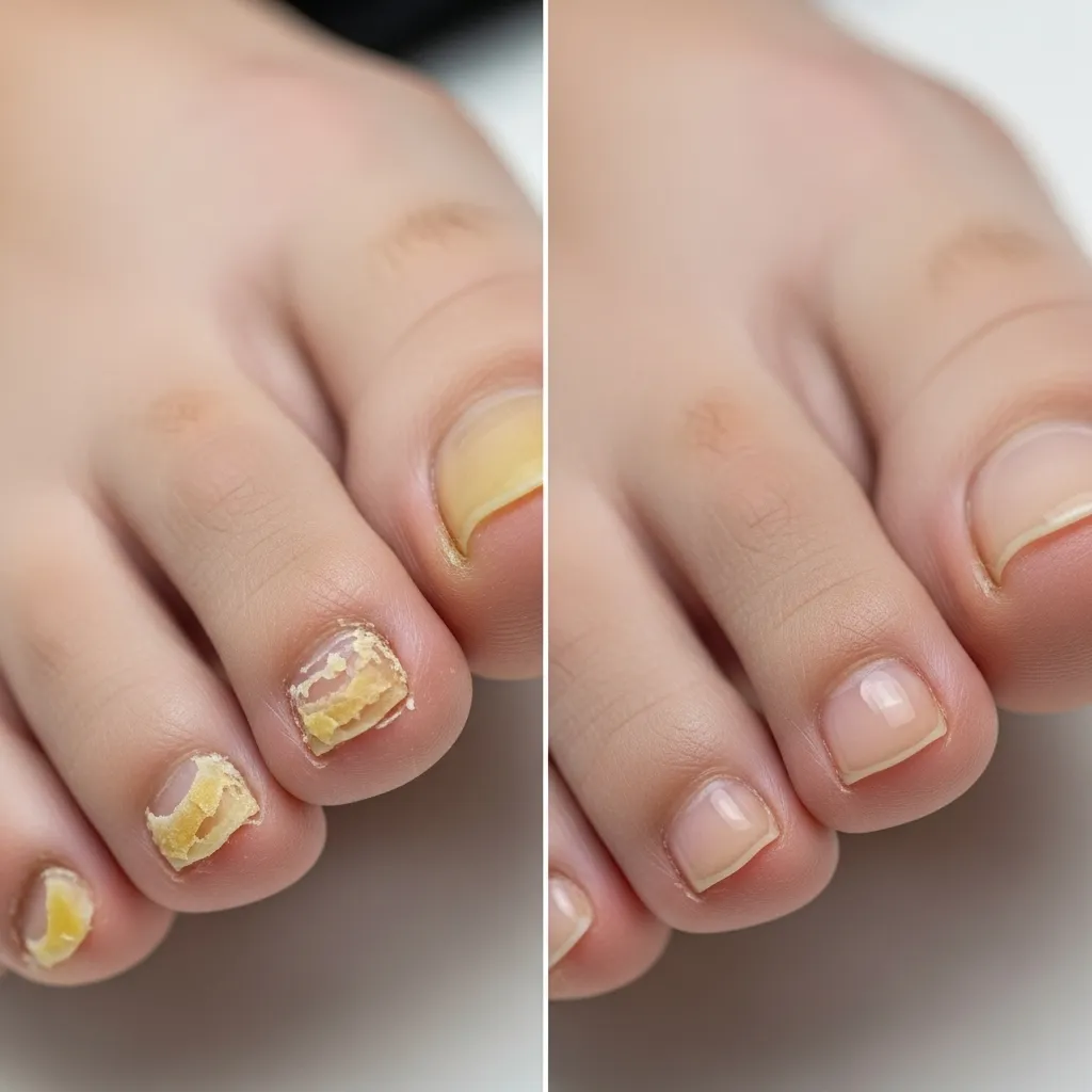 Before and after toenail fungus treatment showing transformation from yellowed to healthy nails