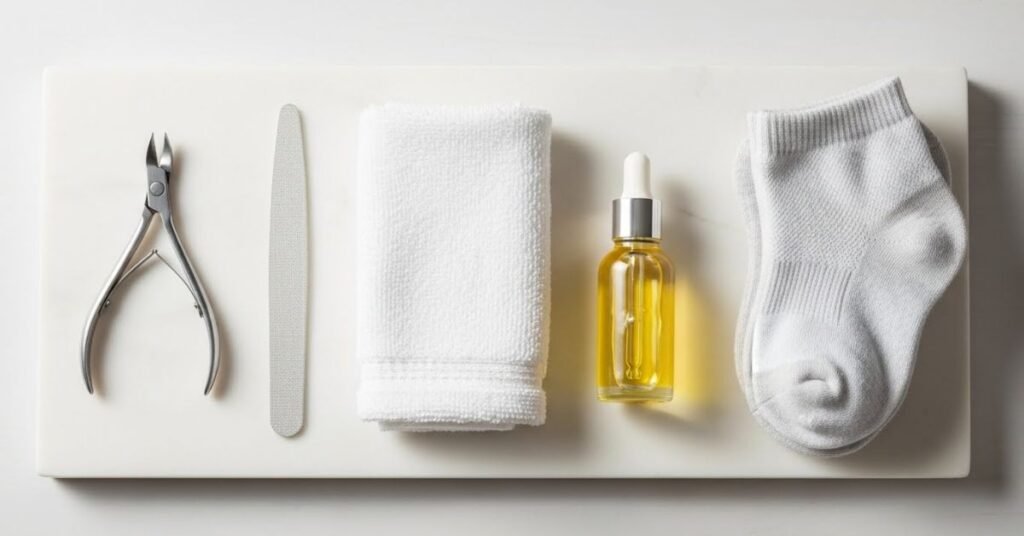 Daily foot care routine essentials, including nail trimming tools and breathable socks, to help prevent toenail fungus from coming back.