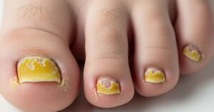 Foot showing multiple toenails affected by fungus, yellow and brittle, illustrating how toenail fungus spreads from one nail to others.