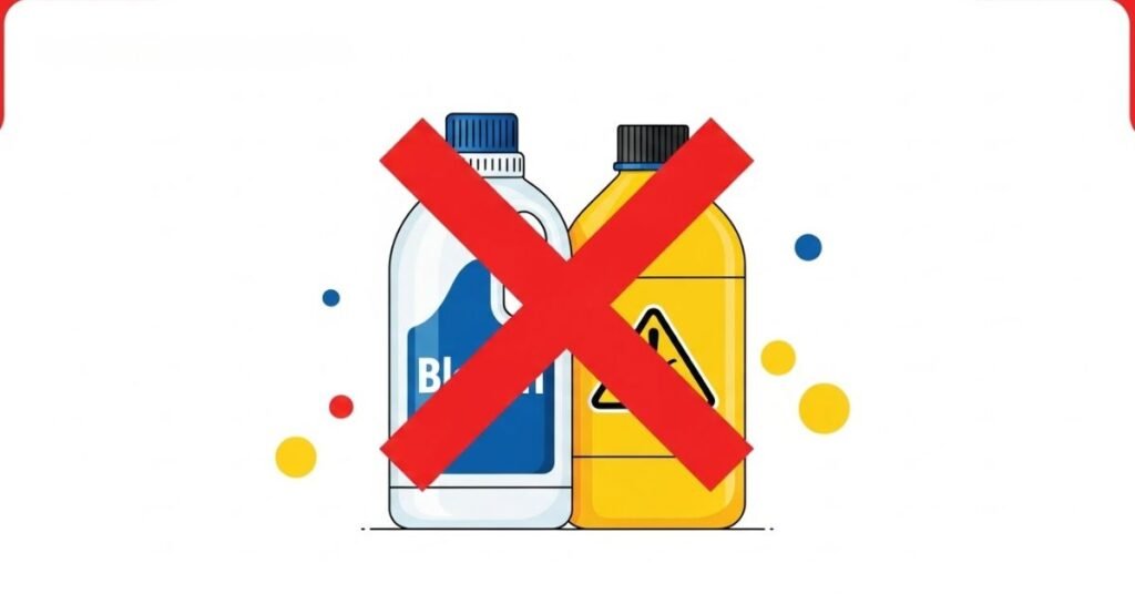 warning infographic showing harsh chemicals like bleach with a red X indicating unsafe home remedies for toenail fungus.