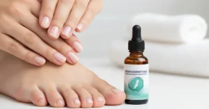 Kerassentials natural nail oil displayed with healthy, shiny fingernails and toenails, lifestyle image for US audience, bright clean background, 2025 nail care review