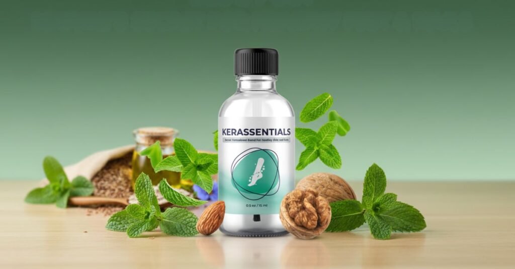 Kerassentials antifungal nail oil bottle with dropper, presented on a spa-style background with natural essential oil ingredients.