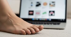 Educational image showing early toenail fungus signs in a home setting while researching treatment options online