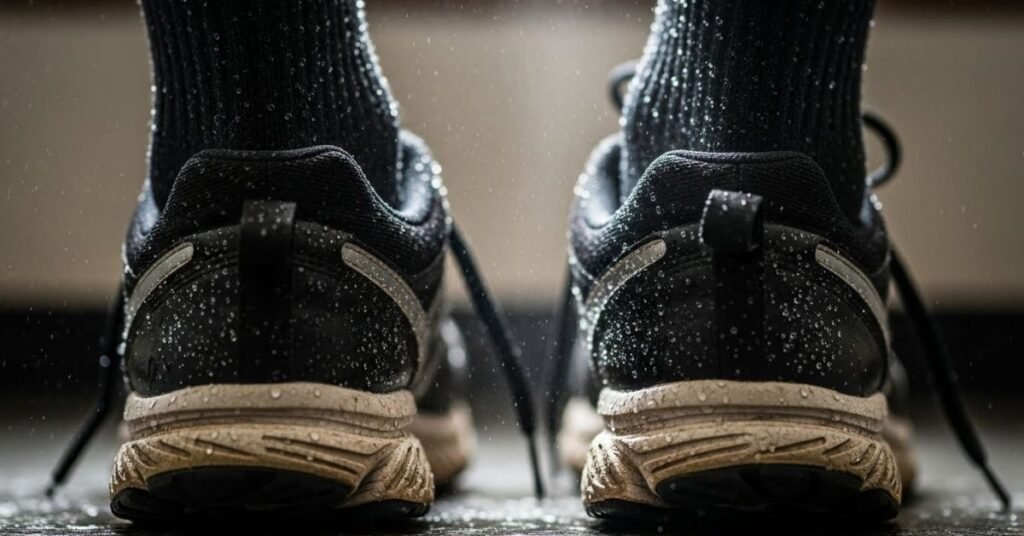 Feet in damp socks and shoes illustrating how moisture creates the perfect environment for recurring toenail fungus.