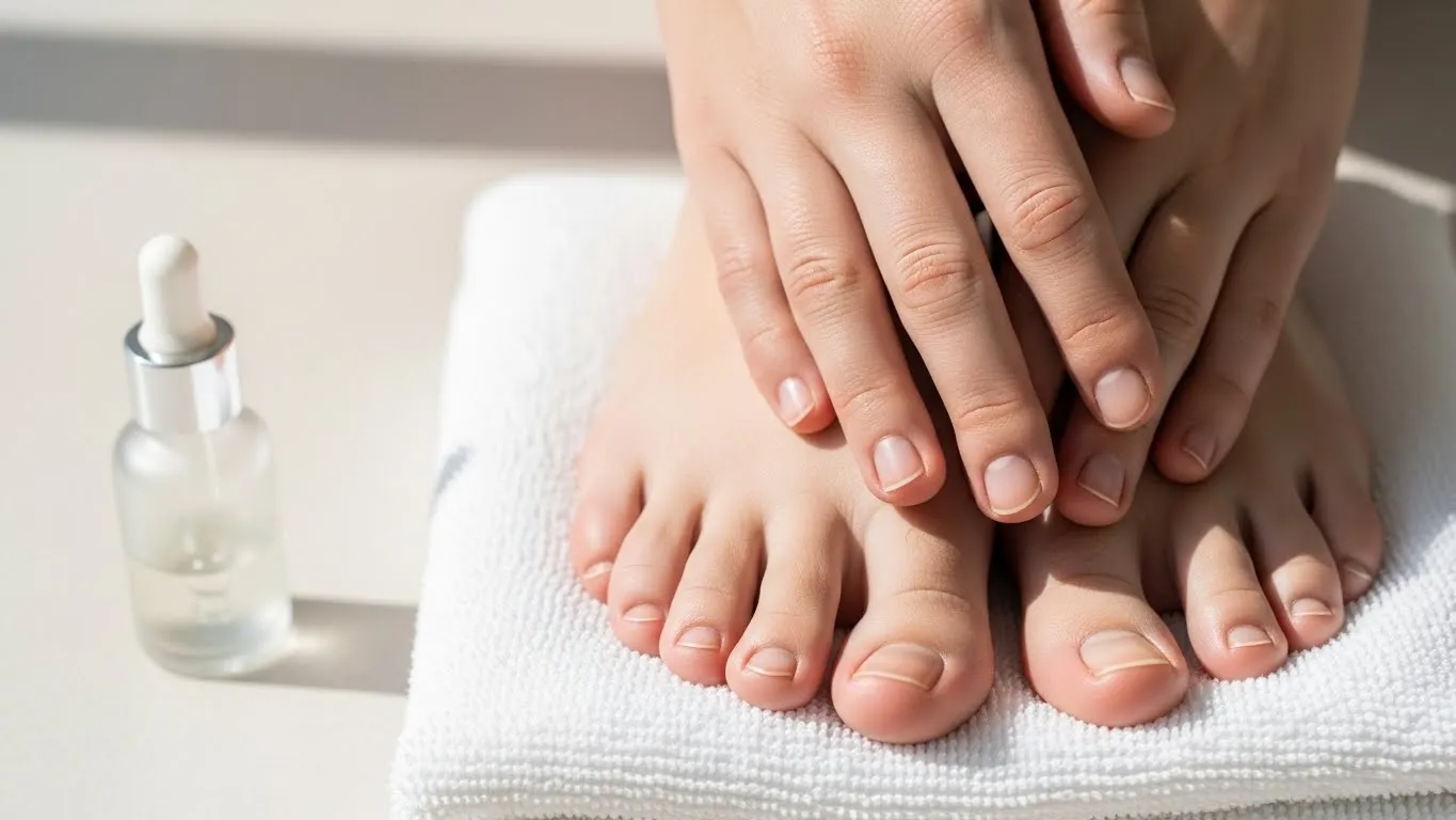 Clean feet with healthy natural toenails resting on a white towel, representing nail recovery and proper toenail fungus care.