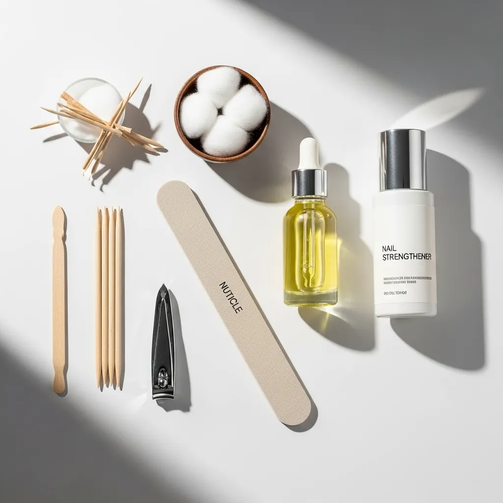 Nail care tools and products including cuticle oil and nail strengthener for healthy nails