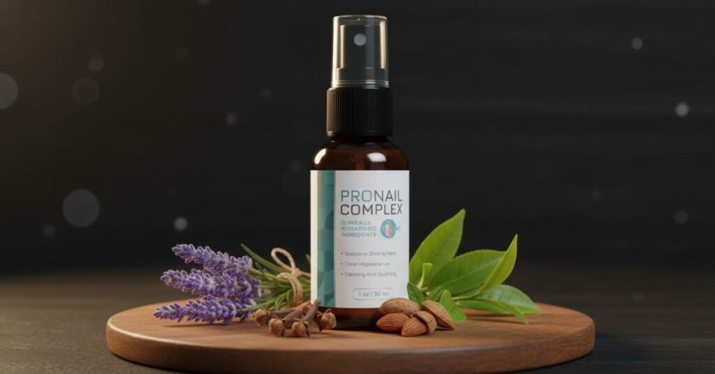 ProNail Complex supplement bottle for toenail fungus support, shown on a clean wellness-themed background with natural ingredients