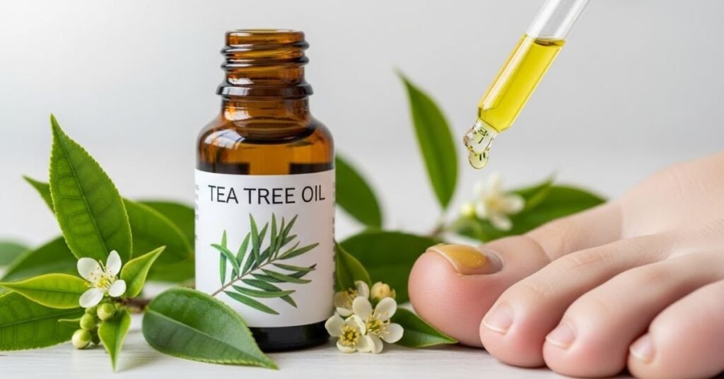 tea tree essential oil being applied to a toenail as a natural home remedy for toenail fungus.