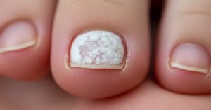 Toenail affected by white superficial fungus, showing powdery white patches and early signs of infection.