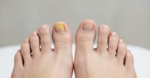 Toenail fungus on one foot compared to a healthy toenail, showing mild discoloration