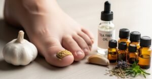 Toenail with fungal infection being treated with natural remedies like tea tree oil and garlic, illustrating safe home treatment options.
