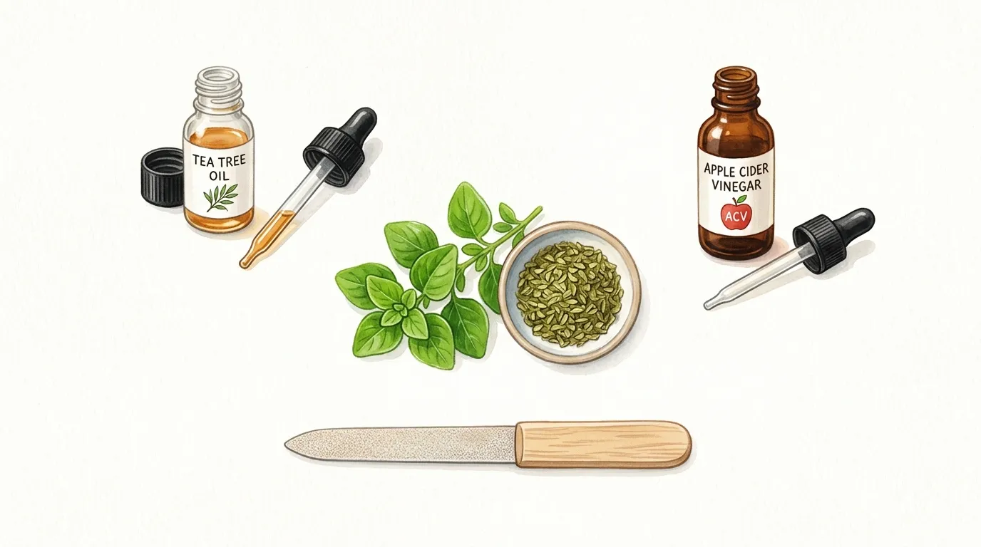 Natural home remedies for toenail fungus including tea tree oil apple cider vinegar oregano oil and nail file