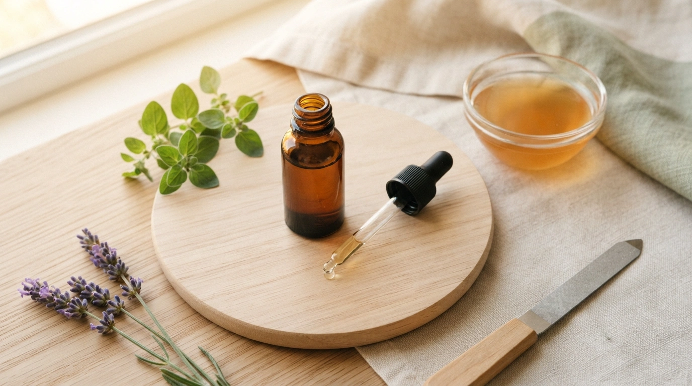 Natural home remedies for toenail fungus including tea tree oil, oregano, lavender, and apple cider vinegar