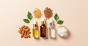 “Flat-lay image with natural nail-strengthening ingredients such as almonds, flaxseeds, coconut oil, and dropper bottles on a pastel beige background, styled in a clean and spa-like layout.”