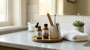 Home treatment setup for toenail fungus showing natural antifungal products nail file and clippers on clean surface