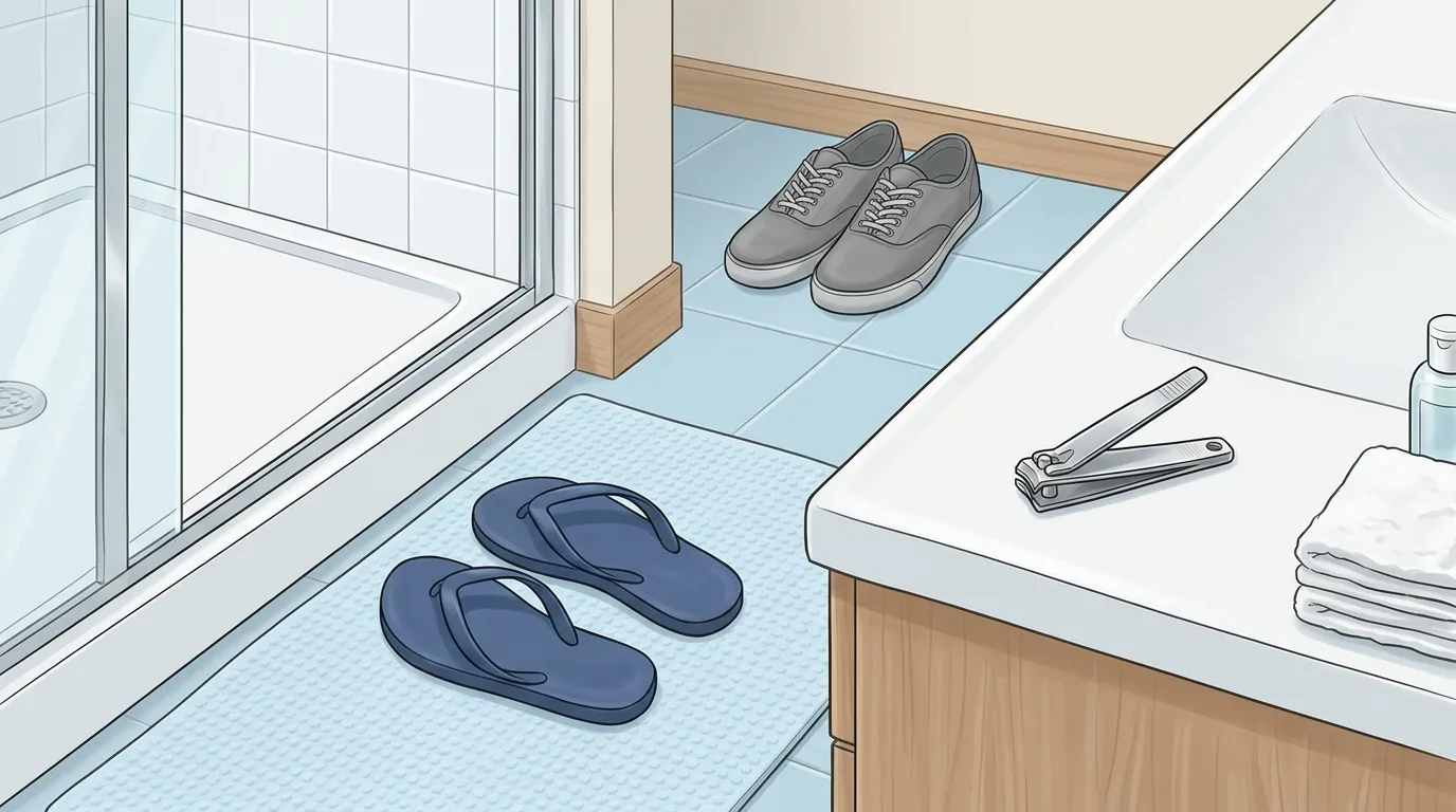 Flip-flops nail clippers and shoes representing toenail fungus contagion prevention and spread through shared surfaces