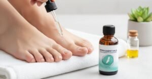 Healthy toenails with Kerassentials antifungal oil bottle and dropper, demonstrating natural treatment for toenail fungus, plant-based ingredients, and nail care, US lifestyle 2025 review.