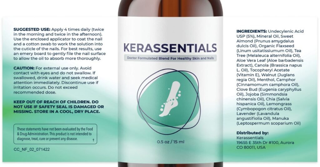 Kerassentials antifungal oil bottle showing label clearly, highlighting natural ingredients, nail care benefits, and brand name, 2025 US affiliate review product image
