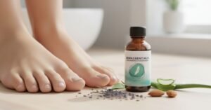 Healthy toenails with Kerassentials Oil bottle and natural ingredients like tea tree, lavender, and almond; US lifestyle image showing proper nail care and antifungal treatment, 2025