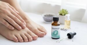 Healthy toenails with Kerassentials oil bottle on a clean bright background, illustrating natural antifungal treatment and nail care, US audience lifestyle, 2025 review