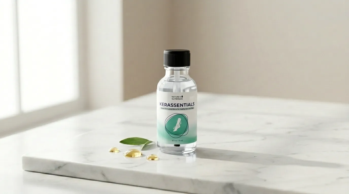 Kerassentials antifungal oil dropper bottle on white marble surface with natural botanical elements
