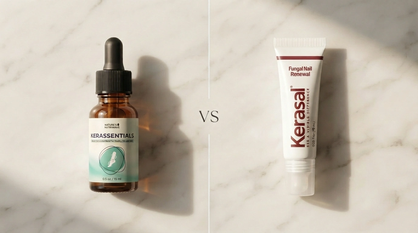 Kerassentials natural oil treatment and Kerasal cosmetic nail treatment compared side by side