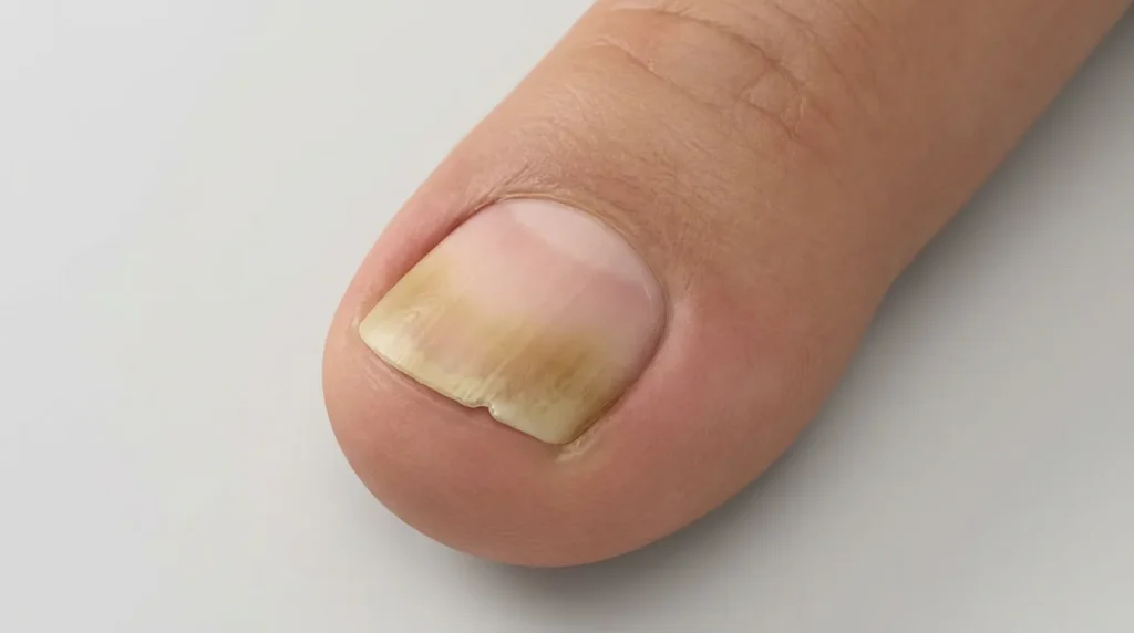 Nail fungus pictures showing yellow discoloration spreading from the nail tip