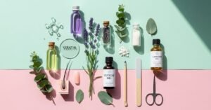 Flat-lay of natural nail care ingredients and tools on a pastel background for an educational nail health article.
