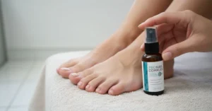 Person showing healthy, shiny toenails with ProNail Complex nail spray bottle on bright clean background, US audience lifestyle image, 2025 nail care review.