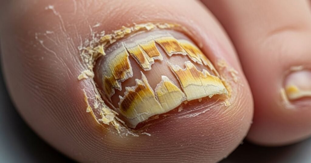 severe toenail fungus with thick and damaged nail