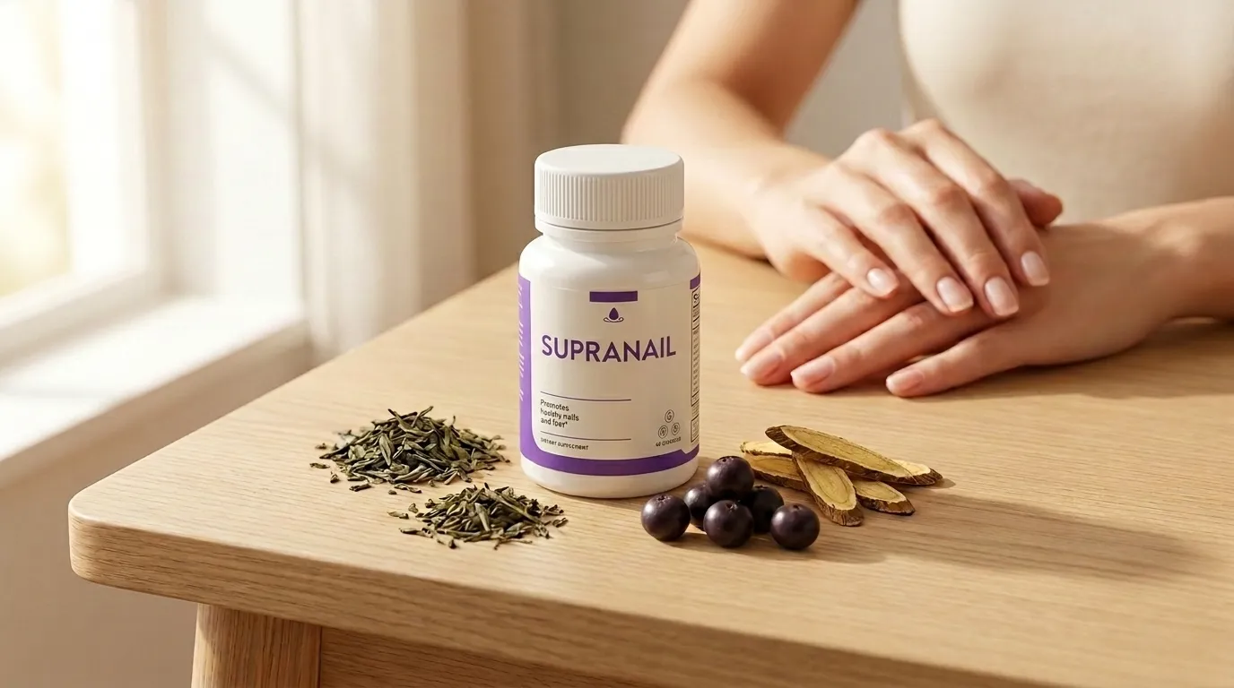 SupraNail supplement bottle with natural botanical ingredients including green tea and acai berry, representing SupraNail nail health capsule review and ingredient analysis