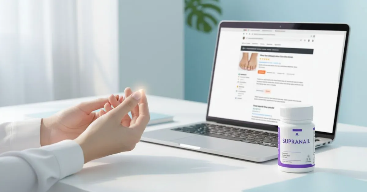 SupraNail review blog header image showing hands inspecting healthy nails on a minimalist desk with laptop, representing SupraNail nail supplement results and product analysis in a clean wellness healthcare concept.”