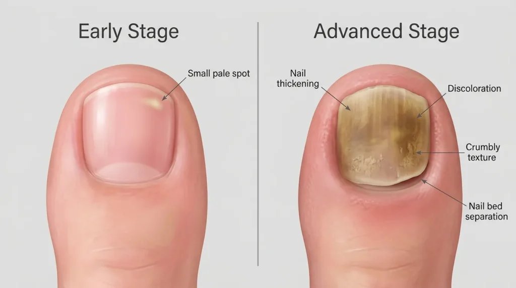 Toe fungus pictures comparing early stage versus advanced stage nail damage