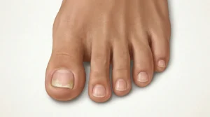 Foot with toenail fungus affecting only the big toenail showing early white-yellow discoloration while other nails remain healthy