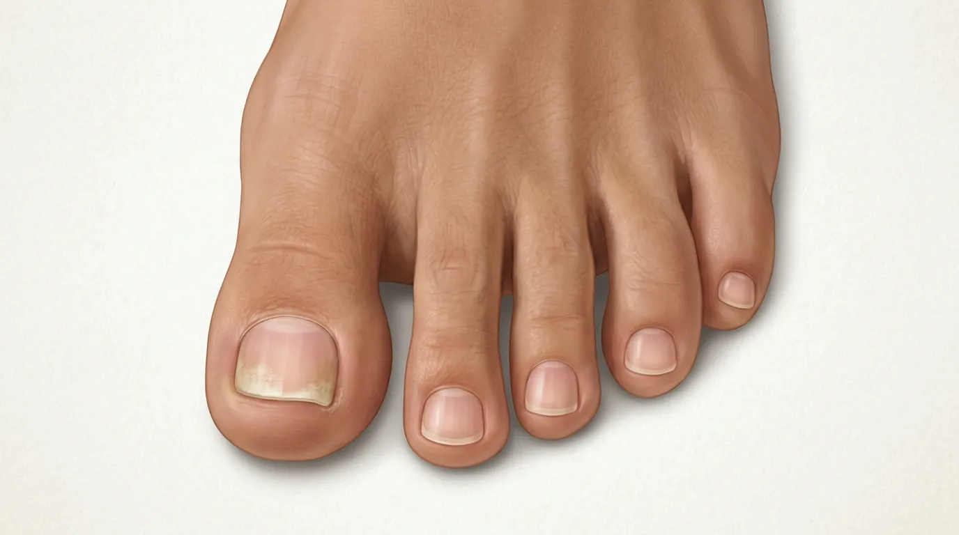 Foot with toenail fungus affecting only the big toenail showing early white-yellow discoloration while other nails remain healthy