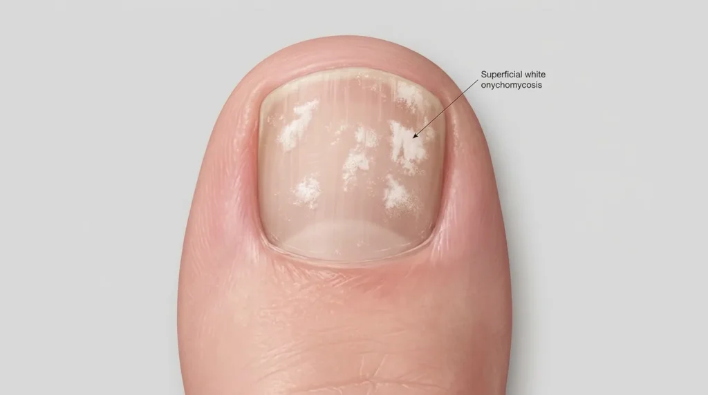 Toenail fungus pictures showing white chalky patches on the nail surface