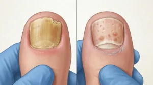 Side-by-side comparison of toenail fungus and nail psoriasis showing key visual differences in color texture and nail pitting
