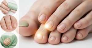 Close-up of healthy toenails next to a faded image of a damaged fungal nail, illustrating the contrast between recurring toenail fungus and restored nail health.