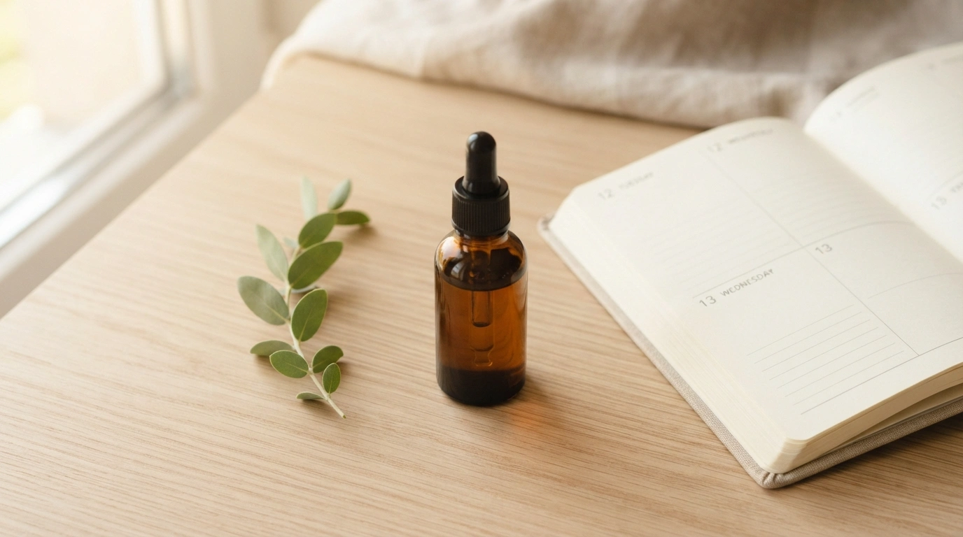 Antifungal treatment bottle and calendar representing consistent long-term care to prevent toenail fungus from returning