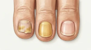 Comparison of yellow toenails showing fungal infection discoloration versus nail polish staining versus healthy nail