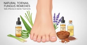Best natural remedies for toenail fungus showing Tea Tree Oil, Aloe Vera, Lemongrass, Lavender, Almond and Flaxseed oils with healthy toenails