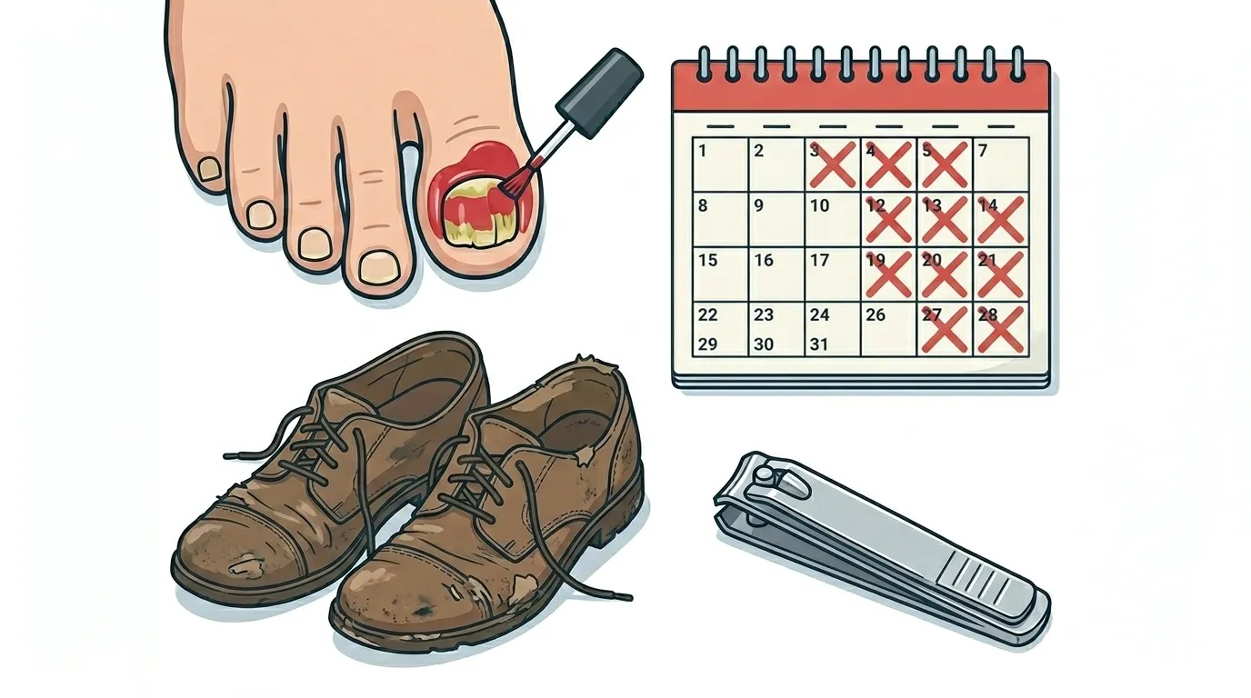 Common toenail fungus treatment mistakes including nail polish worn shoes missed treatment days and dirty clippers
