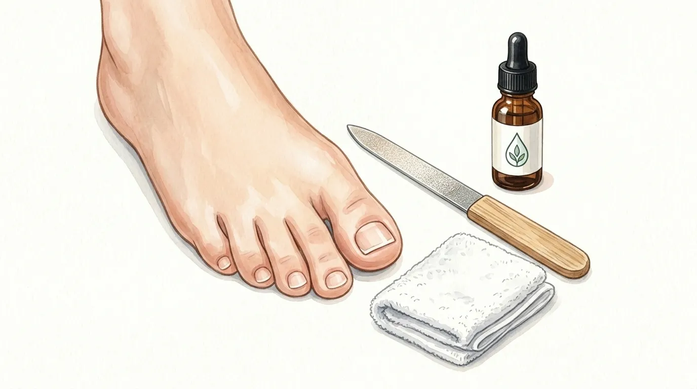 Toenail fungus treatment setup showing nail file antifungal product and clean towel for fastest treatment routine