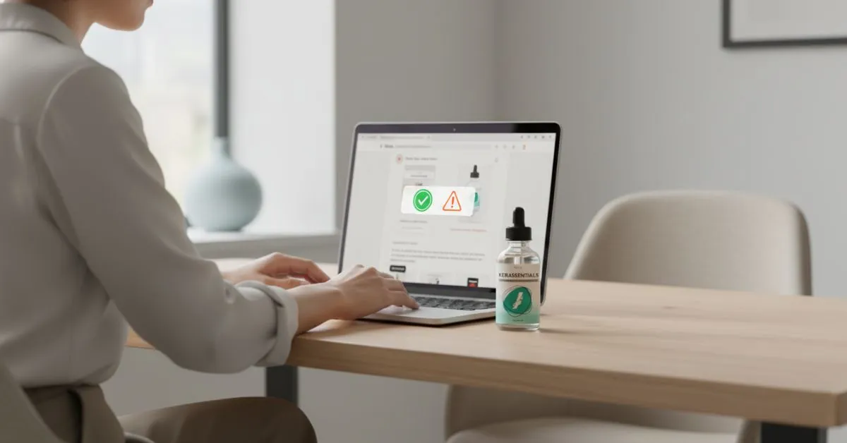 Person using laptop to check ProNail Complex product website with nail care oil bottle on desk, representing safe purchase, reviews, and how to avoid fake products