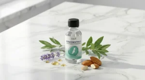Kerassentials bottle surrounded by natural ingredients including lavender tea tree oil and almonds representing full ingredient breakdown