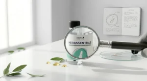 Magnifying glass examining Kerassentials bottle representing honest scam investigation and product analysis